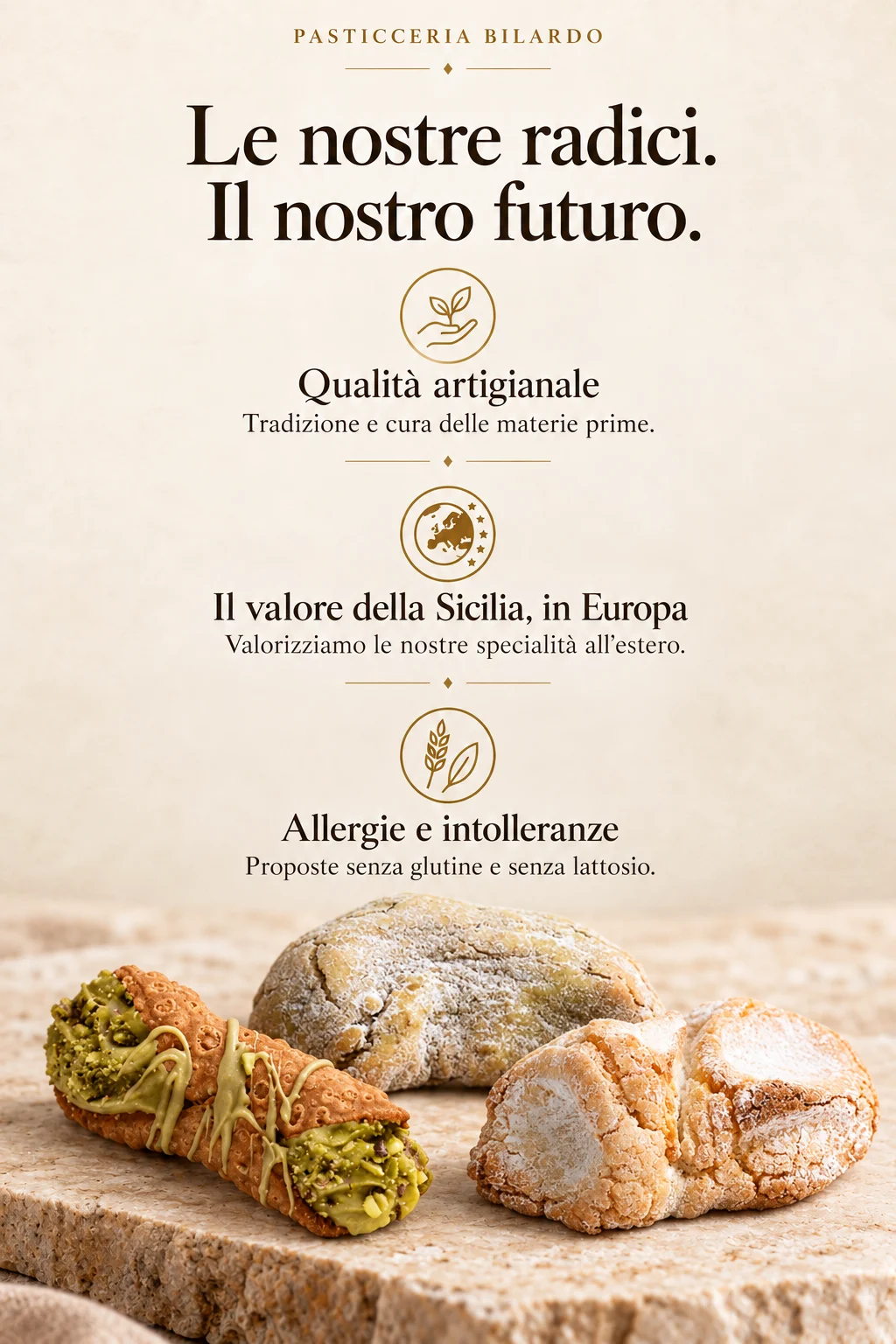 Pasticceria Bilardo: qualità artigianale, valorizzazione della Sicilia in Europa e attenzione ad allergie e intolleranze, con proposte senza glutine e senza lattosio.